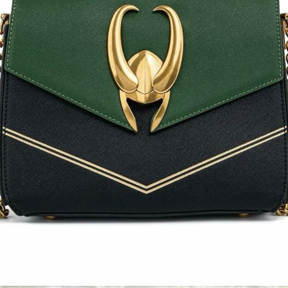 Loungefly Loki Marvel Green and Black Crossbody Bag with Gold Accent